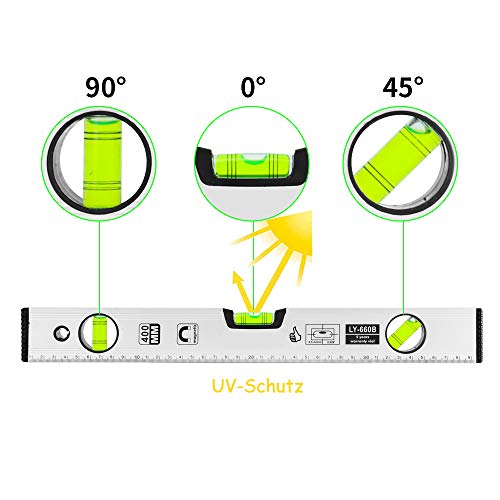Orthland Nivel de Burbuja, 400mm Nivel Magnético con Aluminio Carcasa con Tres Formas de Medición para Medir Horizontal y Vertical, 45 °de ángulo, Herramientas Industrial con Agujero de Suspensión