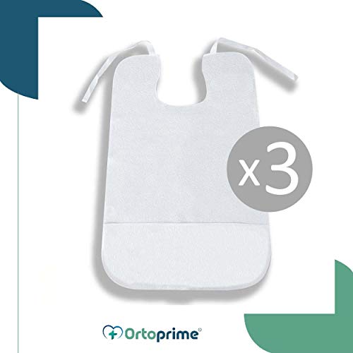 OrtoPrime Pack 3 Babero para Adulto Impermeable - Delantal Ortopédico con Recoge Migas - Rizo de Algodón suave 100% Lavable y Reutilizable - 3 Unidades