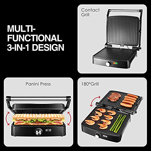 OSTBA Parrilla eléctrica, Panini Press Grill Sandwichera de interior con control de temperatura, parrilla antiadherente de 4 rebanadas,Apertura 180º y Placa Superior Flotante, 1800W