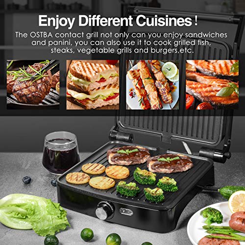 OSTBA Parrilla eléctrica, Panini Press Grill Sandwichera de interior con control de temperatura, parrilla antiadherente de 4 rebanadas,Apertura 180º y Placa Superior Flotante, 1800W