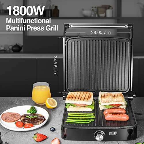 OSTBA Parrilla eléctrica, Panini Press Grill Sandwichera de interior con control de temperatura, parrilla antiadherente de 4 rebanadas,Apertura 180º y Placa Superior Flotante, 1800W