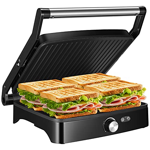 OSTBA Parrilla eléctrica, Panini Press Grill Sandwichera de interior con control de temperatura, parrilla antiadherente de 4 rebanadas,Apertura 180º y Placa Superior Flotante, 1800W