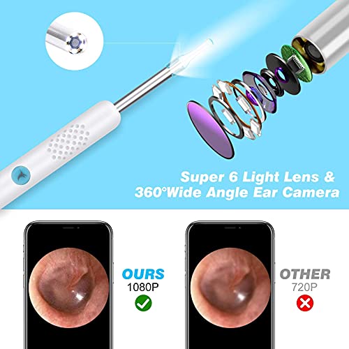 Otoscopio, Endoscopio Camara, 1080P FHD WIFI Limpiador de Oidos con 6LED, Kit de Limpieza de Oídos para Eliminación de Cerumen para iPhone, Tabletas y Android (Plateado)