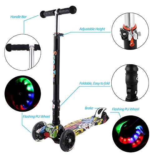 OUTCAMER Patinete Niño Niña 3 a 14 Años Patinete 3 Ruedas Led Luces con Patinete Plegable Scooter Altura Manillar Ajustable 75-84cm con Freno Posterior Monopatin Tres Ruedas Máxima 50 KG