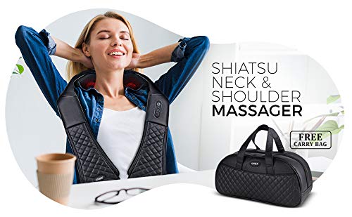 OVELY Masajeador Shiatsu de Cuello y Hombros - Almohada Portátil de Masaje Profundo con Intensidades Ajustables, Calentador - Para Dolores Musculares de Espalda, Piernas y Pies - Bolsa de Transporte