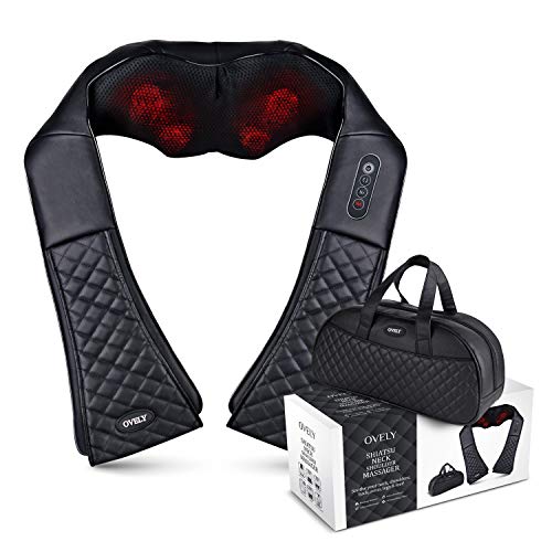 OVELY Masajeador Shiatsu de Cuello y Hombros - Almohada Portátil de Masaje Profundo con Intensidades Ajustables, Calentador - Para Dolores Musculares de Espalda, Piernas y Pies - Bolsa de Transporte