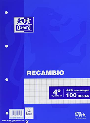 Oxford 100430206 - Recambio hojas sueltas, 4 taladros para archivo compatibles con Europeanbider, Tamaño A5, 155 x 215 mm, 1 unidad