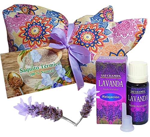 Pack >> 【1】 Saco térmico de semillas para microondas aroma lavanda (44 cm x 11 cm). Hecho en España + 【1】 Aceite Esencial Lavanda 10 ml (saco-termico-mandala)