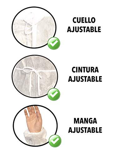 PACK 10+2 GRATIS Bata de Aislamiento Desechable Polipropileno Unisex, Manga Larga, Puños elásticos, Resistente a Fluidos, Tejido Sin Tejer, Fabricado en España (Talla Única)