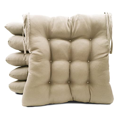 Pack de 6 Cojines para Sillas de Exterior e Interior Reversibles 40 x 40 x 7 cm, con Correas de Sujeción (Beige)