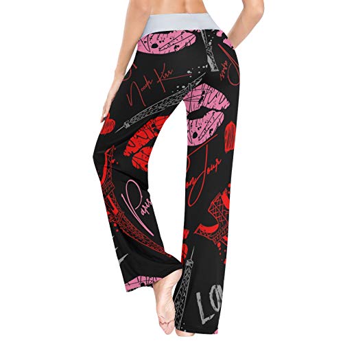 Pantalones de Pijama Casuales cómodos para Mujer Pantalones de salón de Pierna Ancha con cordón elástico Estampado S Red Lip Tower Love