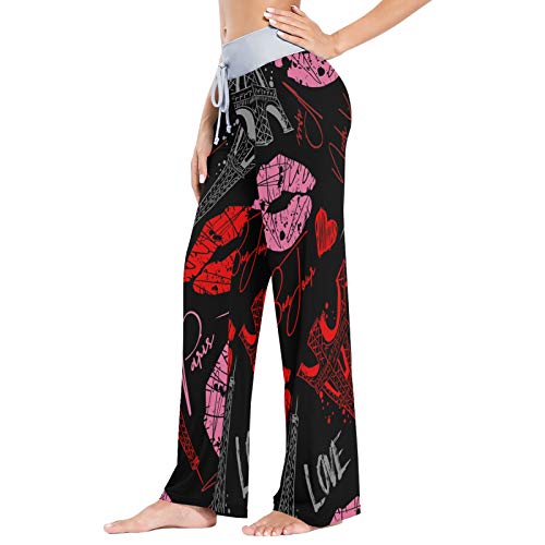 Pantalones de Pijama Casuales cómodos para Mujer Pantalones de salón de Pierna Ancha con cordón elástico Estampado S Red Lip Tower Love