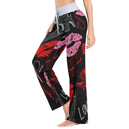 Pantalones de Pijama Casuales cómodos para Mujer Pantalones de salón de Pierna Ancha con cordón elástico Estampado S Red Lip Tower Love