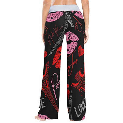 Pantalones de Pijama Casuales cómodos para Mujer Pantalones de salón de Pierna Ancha con cordón elástico Estampado S Red Lip Tower Love