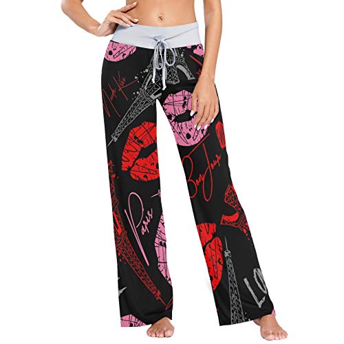 Pantalones de Pijama Casuales cómodos para Mujer Pantalones de salón de Pierna Ancha con cordón elástico Estampado S Red Lip Tower Love