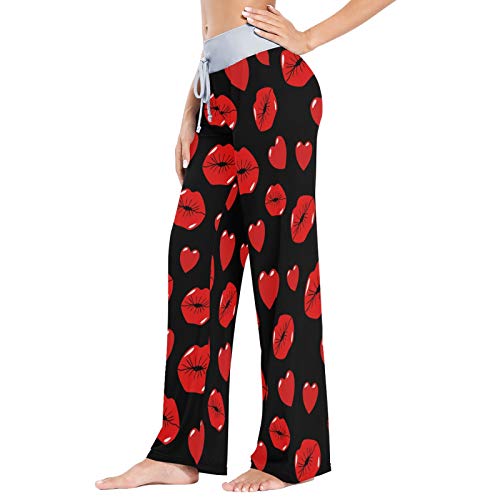 Pantalones de Pijama Informales cómodos para Mujer Pantalones de salón de Pierna Ancha con cordón elástico Estampado S Lip Love