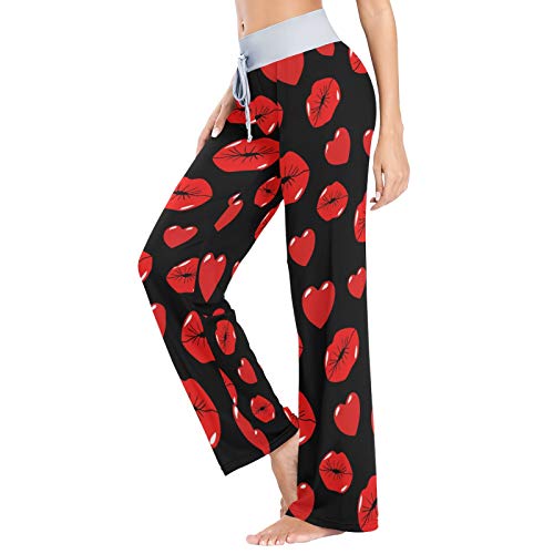 Pantalones de Pijama Informales cómodos para Mujer Pantalones de salón de Pierna Ancha con cordón elástico Estampado S Lip Love