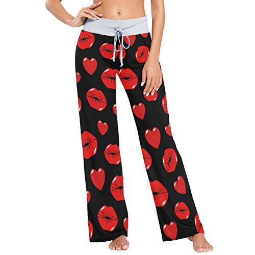 Pantalones de Pijama Informales cómodos para Mujer Pantalones de salón de Pierna Ancha con cordón elástico Estampado S Lip Love