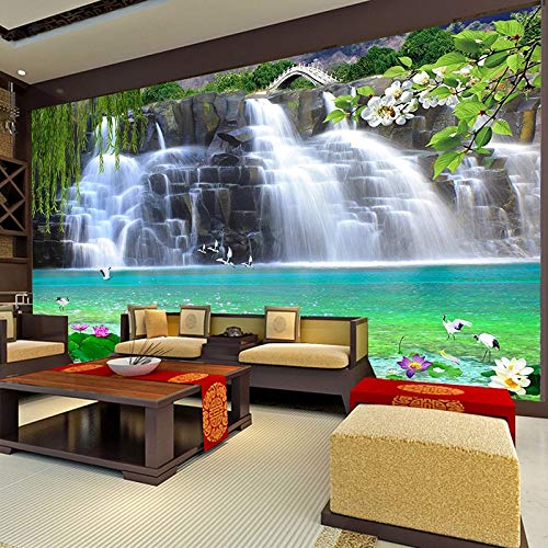 Papel Tapiz De Murales De Pared,Piscina De Agua Cascada Horizontal Lotus Grúa Murales Foto 3D Art Tv Hd Paño De Pared De Fondo Imprimir Salón Sofá Decoracion Pintura Mural,170Cm (H) X 250 Cm (W)