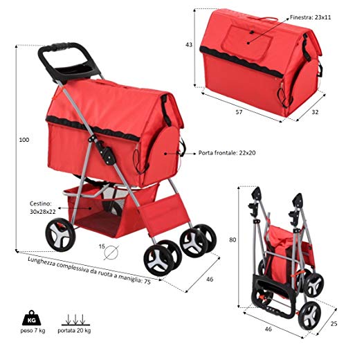 Papilioshop MILO - Carrito plegable de viaje para perro mascota cachorro gato (rojo)