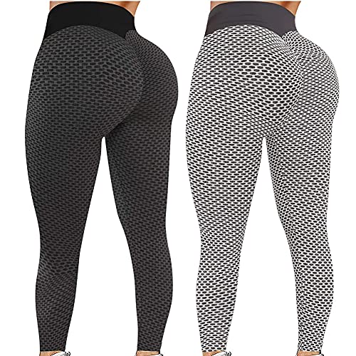 Paquete 2 Push Up Leggings para Mujer, Cintura Alta Mujer Malla Celular Pantalón de Yoga Leggings, Butt Lifter Anti-Cellulite Deportivos Yogapants para Yoga Pilates Fitness (C,S)