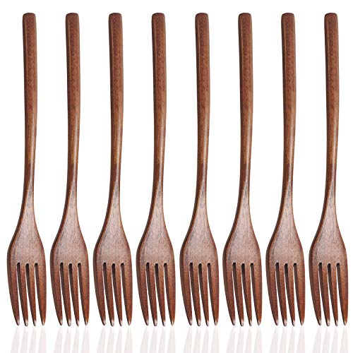 Paquete de 8 tenedores de madera, SourceTon 9 pulgadas de mango largo, reutilizables, estilo japonés, utensilios de cocina hechos a mano, tenedores de madera para pasta, fruta, ensalada, fideos