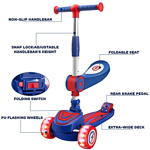 Patinete de 3 Ruedas,Achiyway Patinetes para Niños y Niño 2 a 6 con Asiento Plegable y Manillar Altura Ajustable Patinete,3 Ruedas LED Extra Anchas Luminosas Deportivos Juegos Scooter Apoyan 50 Kg