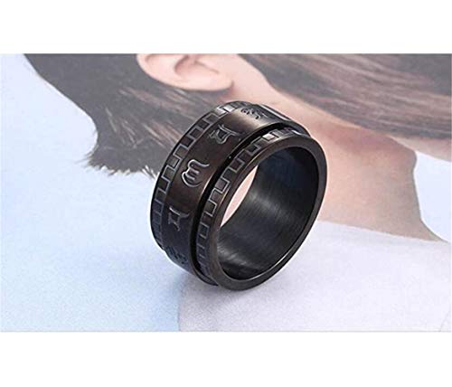 PAURO Hombres Acero Inoxidable Buddhism Tibetan Mantra Spinner Anillo 10mm Ancha Banda Vintage Om Mani Padme Jorobado Oración Joyería Negro Tamaño 19