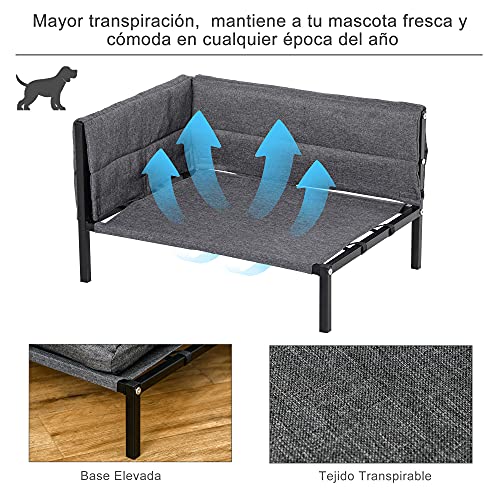 Pawhut Sofá Cama para Mascotas 63,5x49x38,5cm Cama para Perros Elevada con Cojines Extraíbles Lavables para Perros Gatos Medianos y Pequeños Carga 15 kg Gris