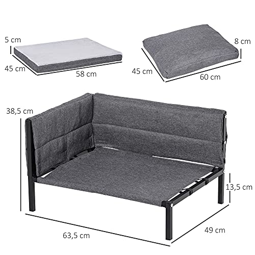 Pawhut Sofá Cama para Mascotas 63,5x49x38,5cm Cama para Perros Elevada con Cojines Extraíbles Lavables para Perros Gatos Medianos y Pequeños Carga 15 kg Gris