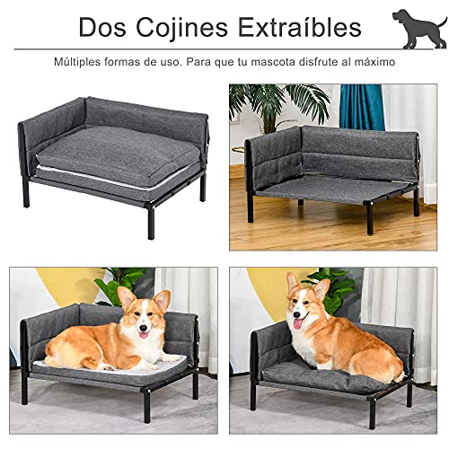 Pawhut Sofá Cama para Mascotas 63,5x49x38,5cm Cama para Perros Elevada con Cojines Extraíbles Lavables para Perros Gatos Medianos y Pequeños Carga 15 kg Gris