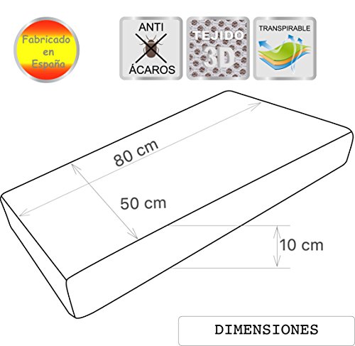 Pekitas - Colchón Minicuna 50x80 cm Funda AIR-3D Transpirable Antiahogo Con Cremallera Lavable Grosor 10cm Interior Espuma Blanca Fabricado en España