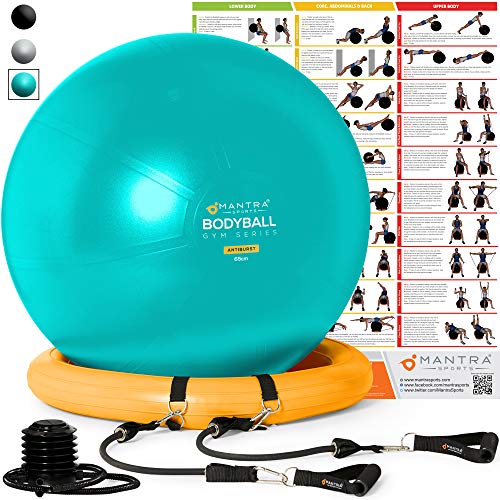 Pelota de Pilates, Balón de Ejercicio, Bola de Embarazada, Yoga, Fitness y Gimnasio - 55cm / 65cm / 75cm Anti Explosión Fitball Silla Equilibrio con Base, Gomas de Resistencia, Guia Fitness y Bomba