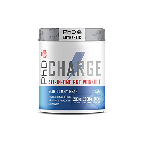 PhD Charge Pre Workout Powder, Preparado en Polvo Todo-en-Uno para Preentrenamiento con Creatina, Cafeína, Beta Alanina, Alfa-GPC y BCAA, 300 g Sabor Ositos de Gominola Azules