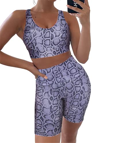 Phil Beauty Conjunto de yoga para mujer, 2 piezas, pantalones cortos deportivos con estampado de leopardo, leggings y sujetador deportivo, ropa deportiva cómoda