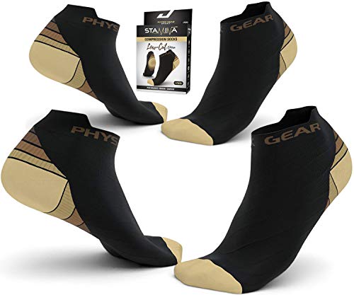 Physix Gear Sport Calcetines running hombres y mujeres, los mejores calcetines de compresión, calcetines tobilleros para la fascitis plantar hombre y mujer, 2 pares, S/M marrón/negro