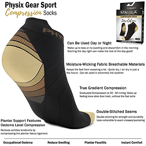 Physix Gear Sport Calcetines running hombres y mujeres, los mejores calcetines de compresión, calcetines tobilleros para la fascitis plantar hombre y mujer, 2 pares, S/M marrón/negro