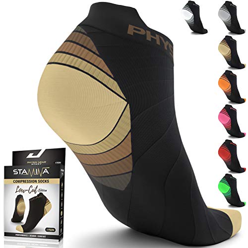 Physix Gear Sport Calcetines running hombres y mujeres, los mejores calcetines de compresión, calcetines tobilleros para la fascitis plantar hombre y mujer, 2 pares, S/M marrón/negro