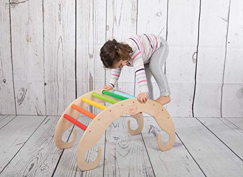 PI-ROCKKIDS balancin arcoiris Rainbow Montessori Waldorf pikler regalo para niños Juego de caballos Silla mecedora rocker Juego de madera color natural EN71 para recién nacido no tóxico…