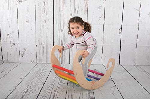 PI-ROCKKIDS balancin arcoiris Rainbow Montessori Waldorf pikler regalo para niños Juego de caballos Silla mecedora rocker Juego de madera color natural EN71 para recién nacido no tóxico…