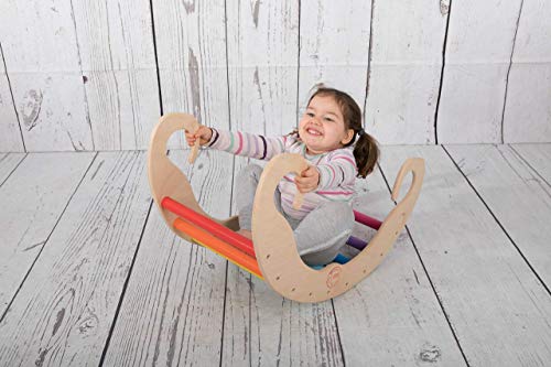 PI-ROCKKIDS balancin arcoiris Rainbow Montessori Waldorf pikler regalo para niños Juego de caballos Silla mecedora rocker Juego de madera color natural EN71 para recién nacido no tóxico…