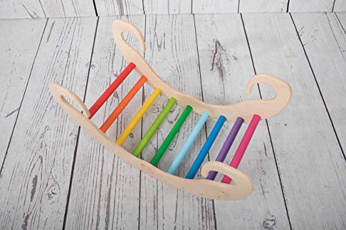 PI-ROCKKIDS balancin arcoiris Rainbow Montessori Waldorf pikler regalo para niños Juego de caballos Silla mecedora rocker Juego de madera color natural EN71 para recién nacido no tóxico…