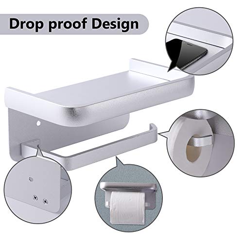 Portarrollo para Papel Higiénico con Estante de Almacenamiento para Celular Portarrollos Baño Montado en la Pared Aluminio Plata