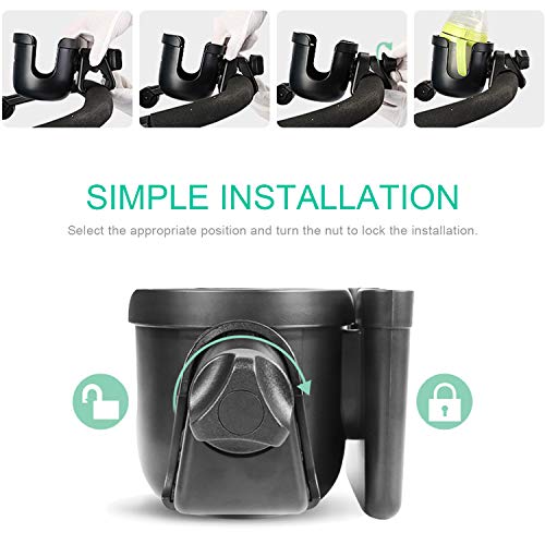 Portavasos para Manillar de Silla de Paseo, 2 en 1 con Caja de Almacenamiento para Teléfono Portavasos Carrito Bebe Universal Ajustable 360 Grados de Rotación con una Gancho