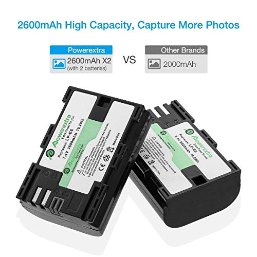 Powerextra Batería de Repuesto para Canon LP-E6 LP-E6N 2X Baterías Canon EOS 80D 6D 7D 70D 60D 5D Mark III 5D Mark II BG-E14 BG-E11 BG-E9 BG-E7 LC-E6 BG-E6