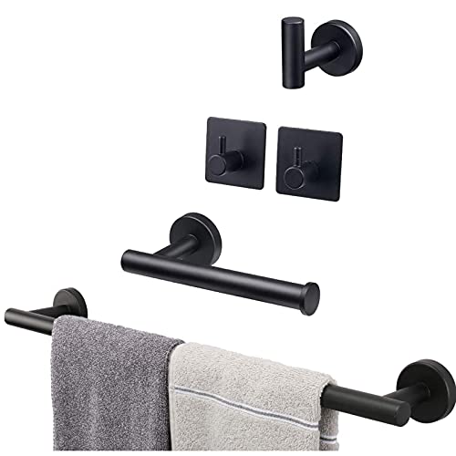 Powstro [5pcs] Juego de toallero de acero inoxidable, soporte de toalla de baño montado en la pared, 1 barra de toalla, 1 toallero de papel, 3 ganchos para albornoz, kit de accesorios de baño, negro