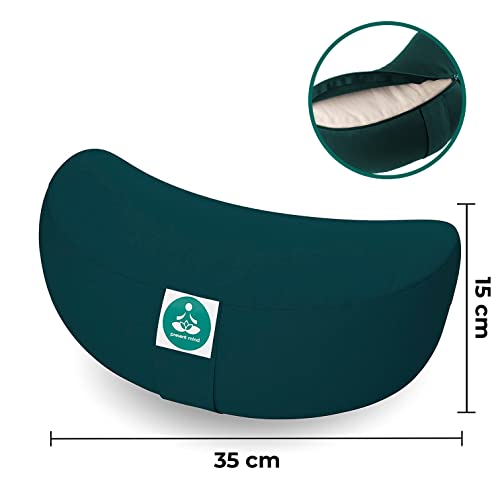 Present Mind Cojín Zafu Yoga Media Luna (Altura 15 cm) - Verde Esmeralda - Cojín Alto Yoga - Almohada Meditación - Yoga de Accesorios Hechos en UE – Funda de Cojín Lavable – Cojín de Yoga 100% Natural