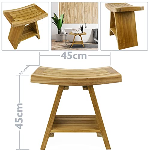 PrimeMatik - Taburete de baño ergonómico con Estante 45 x 45 x 30 cm de Madera de Teca certificada