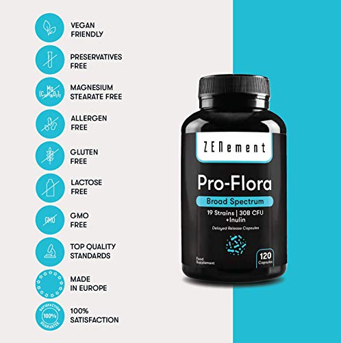 Pro-Flora, Probióticos, 120 Cápsulas | 19 cepas (30 mil millones de UFC) + Inulina | Salud Digestiva & Sistema Inmune | de Zenement