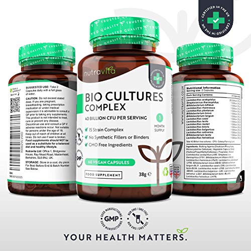 Probióticos 40 Mil Millones UFC - Probiótico con 15 Cepas Bacterianas - 60 cápsulas veganas - Probioticos Intestinales con lactobacilos y bífidobacterias - Hecho en el Reino Unido por Nutravita